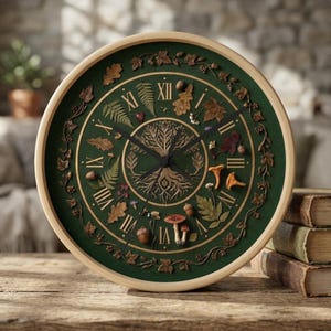 May include: A round wall clock with a green face and a light wood frame. The clock face features Roman numerals, a tree of life design, and botanical elements like leaves and mushrooms. The clock is approximately 12 inches in diameter.