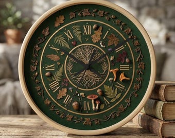 May include: A round wall clock with a green face and a light wood frame. The clock face features Roman numerals, a tree of life design, and botanical elements like leaves and mushrooms. The clock is approximately 12 inches in diameter.