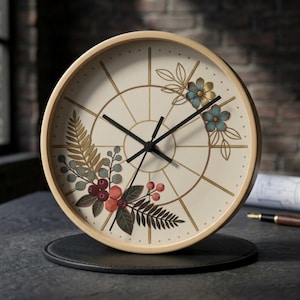 May include: A round, cream-colored clock with a light wood frame. The clock face features a floral design with blue and yellow flowers, red berries, and green leaves. The clock is on a black stand.