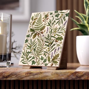 Vintage Botanical Ceramic Tile | Cottagecore Forest Leaves Art | Aesthetic Herbs Decor | Nature Lover Gift