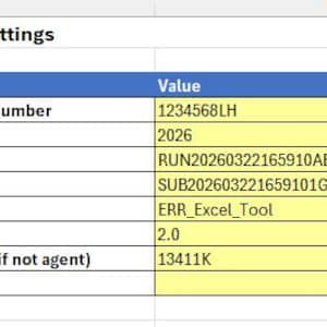 Może przedstawiać: Zrzut ekranu arkusza kalkulacyjnego Excel o tytule "ERR Submission Settings". Arkusz kalkulacyjny wyświetla pola takie jak "Numer rejestracyjny pracodawcy", "Rok podatkowy" i "Data płatności" z odpowiadającymi im wartościami. Widoczny jest tekst "ERR_Excel_Tool".