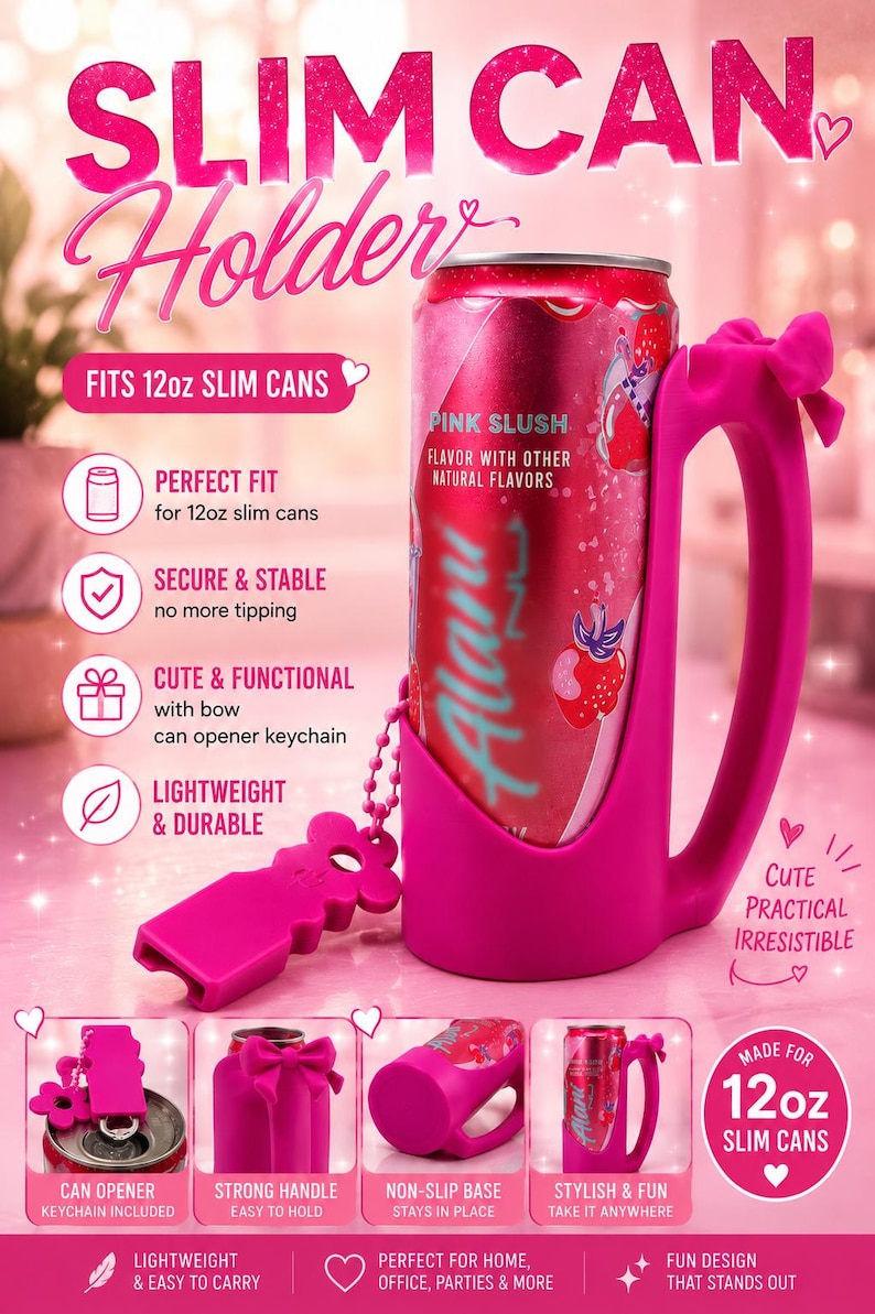 3D Printed Slim Can Holder with Handle & Bow – Fits 12oz Cans, Alani Nu, White Claw image 1