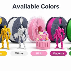 K&ouml;nnte beinhalten: Bild mit 3D-Druck-Filamentrollen in Gelb, Wei&szlig;, Rosa, Magenta und Gr&uuml;n. Der Text "Available Colors" steht oben. Jede Rolle ist mit einem 3D-gedruckten Modell gepaart: ein Roboter, ein Kuchen, ein Roboter und ein Drache.