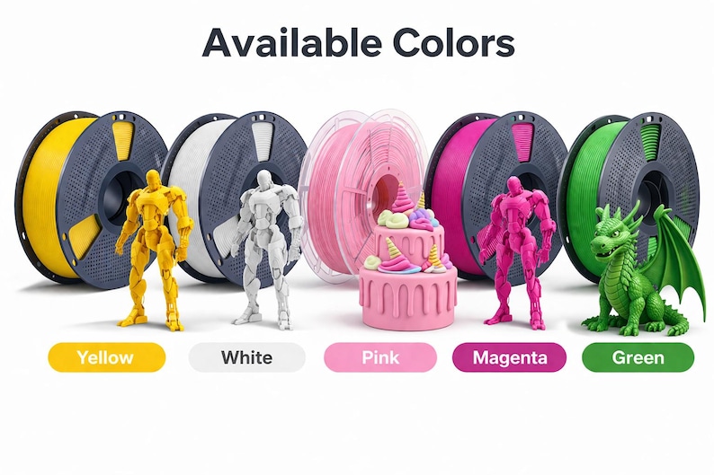 K&ouml;nnte beinhalten: Bild mit 3D-Druck-Filamentrollen in Gelb, Wei&szlig;, Rosa, Magenta und Gr&uuml;n. Der Text "Available Colors" steht oben. Jede Rolle ist mit einem 3D-gedruckten Modell gepaart: ein Roboter, ein Kuchen, ein Roboter und ein Drache.