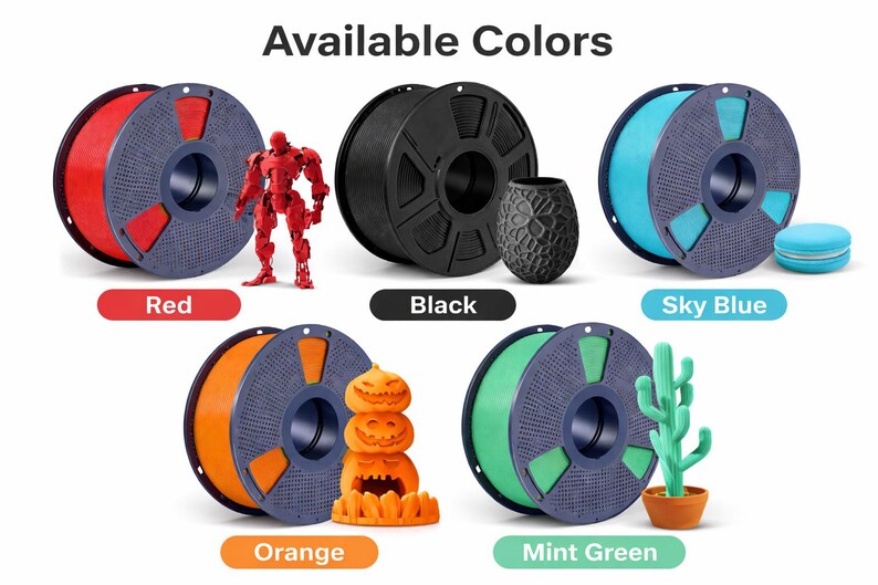 K&ouml;nnte beinhalten: Bild zeigt Spulen mit 3D-Druckerfilament in verschiedenen Farben: Rot, Schwarz, Himmelblau, Orange und Mintgr&uuml;n. Das Bild enth&auml;lt auch 3D-gedruckte Objekte in passenden Farben, wie einen Roboter, eine Vase, einen K&uuml;rbis, einen Kaktus und ein Macaron.