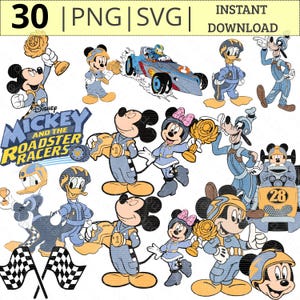 Könnte beinhalten: Eine Sammlung von Disney's Mickey und die Roadster Racers-Charakteren in verschiedenen Posen. Micky, Minnie, Donald und Goofy sind in Rennkleidung dargestellt, halten Trophäen und fahren Autos. Das Bild enthält den Text "30 | PNG | SVG | INSTANT DOWNLOAD".