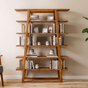 モダンなAフレーム本棚の設計図 | ミッドセンチュリー風DIYライブラリー構築ガイド | ミニマリストなスカンジナビア風本棚（PDF） | 5段ディスプレイ木工プラン