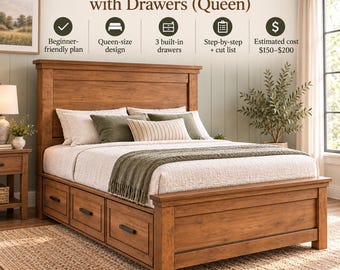 Queen Storage Bed Woodworking Plans | Captains Bed Build Plans | DIY Platform Bed Frame with Drawers | Woodworking Blueprint PDF Download