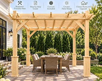 Outdoor Pergola Plans PDF, 10x10 Wooden Patio Cover, DIY Backyard Shade Structure, Garden Pergola Woodworking Plan