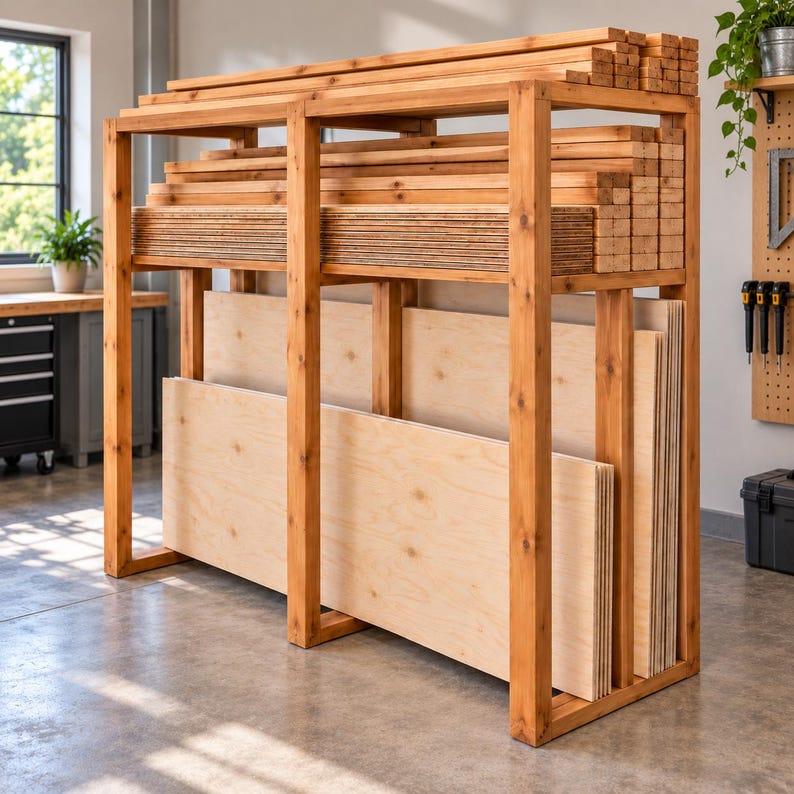 Wood Racking Lumber Storage Rack Plans, Plywood Storage Organizer, Garage Wood Rack ...