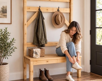 DIY Mudroom Hall Tree Plans | Farmhouse Bench, Coat Rack Storage (Digital Download)