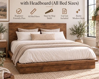 All Bed Sizes Platform Bed Plans PDF, Rustic Modern Bed Frame with Headboard, DIY Woodworking Plan, Digital Download