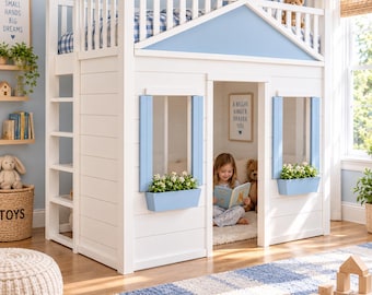 Little Cottage Loft Bed Plans, Kids Playhouse Bed PDF, DIY Twin Loft Bed, Children’s House Bed Woodworking Plans