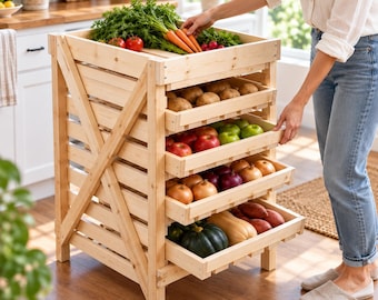 Vegetable Storage Rack Plans, Produce Rack Plans, DIY Sliding Tray Rack, Kitchen Storage, Woodworking PDF