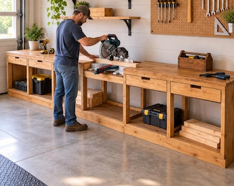 Pony Wall Workbench Plans, 16 FT Miter Saw Station with Drawers and Tool Storage, Garage Workshop DIY Woodworking PDF