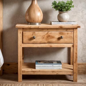 May include: A light-colored wooden nightstand with a drawer and a lower shelf. A lamp with a wooden base and a small vase with greenery sit on top. Two books are on the shelf below the drawer. The nightstand is next to a bed.