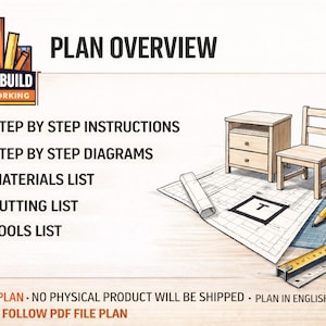 May include: Illustration of a woodworking plan overview with a small nightstand and chair. The plan includes step-by-step instructions, diagrams, a materials list, cutting list, and tools list. The plan is in English and inches.