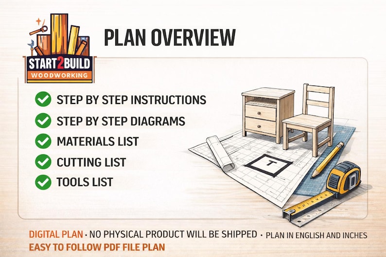 May include: Illustration of a woodworking plan overview with a small nightstand and chair. The plan includes step-by-step instructions, diagrams, a materials list, cutting list, and tools list. The plan is in English and inches.