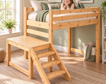 Kids Loft Bed Plans with Stairs, Junior Height Twin Camp Bed, Space-Saving Bedroom Furniture, DIY Woodworking PDF Download