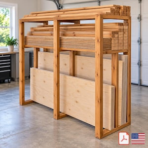 May include: A tall, rectangular wooden storage rack constructed from light brown timber. The frame features multiple horizontal shelves holding stacked wooden boards and planks, with vertical slots for storing large, flat plywood sheets upright.
