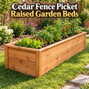 May include: A rectangular raised garden bed constructed from light brown cedar wood planks. The text 'Cedar Fence Picket Raised Garden Beds' is displayed at the top. The bed is filled with soil and contains green lettuce, basil, and tomato plants.