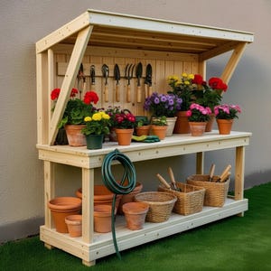 May include: A wooden potting bench with a sloped roof, displaying potted flowers in various colors. Gardening tools hang above the shelf. Below, terracotta pots, baskets, and a green hose are visible, suggesting a gardening theme.