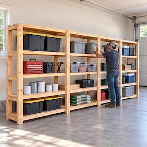 Peut inclure: Une grande étagère de rangement en bois à cinq niveaux, construite avec des planches de bois naturel clair. Les étagères sont remplies de divers bacs de rangement en plastique, de boîtes à outils en métal, de pots de peinture et de sacs de terre.
