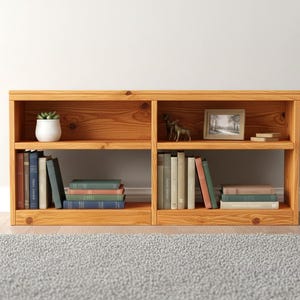 May include: A two-section wooden bookshelf with a warm, natural finish. The shelves are filled with books of various sizes and colors, a small framed picture, and decorative items. A small potted plant sits on the top shelf.