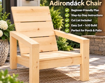 Adirondack Chair Plans, Modern Outdoor Patio Chair, Easy 2x4 Garden Furniture, DIY Woodworking PDF Build Plan