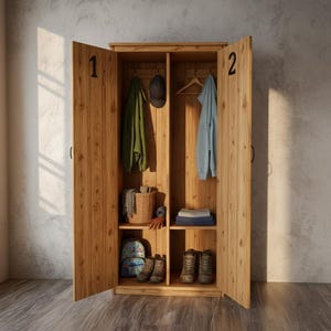 Può includere: Un armadio in legno con due ante numerate. L'interno presenta ripiani e spazio per appendere gli abiti. Contiene una giacca verde, un berretto, una felpa blu, un cestino, uno zaino, stivali e vestiti piegati.