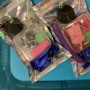 Può includere: Due sacchetti di plastica trasparenti e iridescenti contenenti vari piccoli oggetti. Uno include un ciondolo nero, un tubetto rosa e un cordino blu. L'altro contiene un ciondolo a forma di stivale rosa e una penna viola.