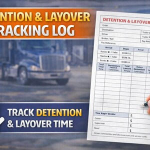 May include: A document titled "DETENTION & LAYOVER TRACKING LOG" with a semi-truck in the background. The document includes fields for order details, arrival times, and detention calculations. A hand is holding a pen, ready to fill out the form. The document is labeled "BILLABLE DETENTION".