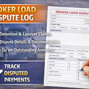 May include: A document titled "Broker Load Dispute Log" with a person's hand holding a pen, filling out the form. The document includes sections for dispute details, resolution, and outcome. The image also includes text about tracking disputed payments.
