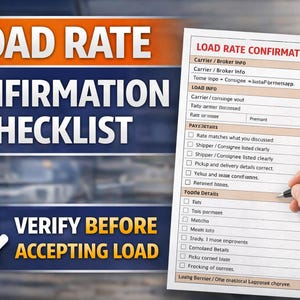 May include: Image of a Load Rate Confirmation Checklist with text: "LOAD RATE CONFIRMATION CHECKLIST." A hand holding a pen is poised over the checklist. The document includes sections for carrier/broker info, load info, and pay details.