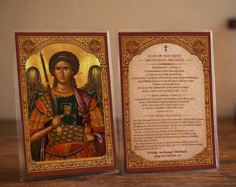 Estampa ortodoxa del Arcángel Miguel / Icono bizantino, troparión, kontakion (laminado)