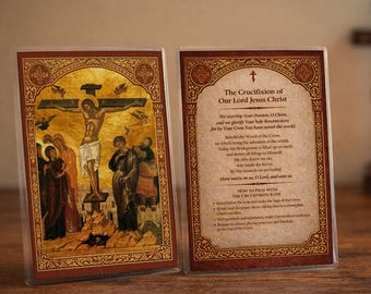 Tarjeta de oración ortodoxa de la crucifixión – Icono de Semana Santa, laminada 4x6