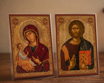 Conjunto de iconos ortodoxos devocionales: Cristo Pantocrátor y la Madre de Dios de Vladimir