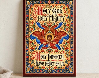 Trisagion Prayer Plaque, Holy God Holy Mighty with Seraph, 8x12 Wood Mounted