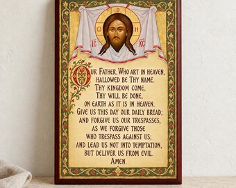 Our Father Prayer Plaque, Orthodox Lord's Prayer with Christ Mandylion - 8x12 Wood Mounted
