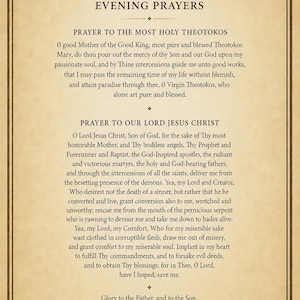 Puede incluir: Un documento impreso titulado Evening Prayers sobre papel estilo pergamino envejecido con un borde oscuro. Presenta una cruz ortodoxa, el texto Prayer to the Most Holy Theotokos y Prayer to Our Lord Jesus Christ en fuente serif negra.