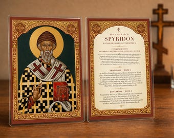 Carte de prière de Saint Spyridon 4x6 Icône orthodoxe plastifiée avec tropaire et kontakion