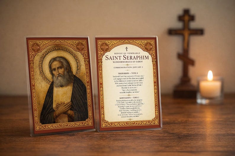 Saint Seraphim of Sarov Orthodox Prayer Card – Laminated Icon (4x6 Inches)