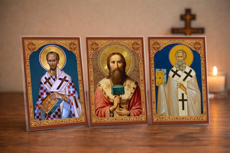 Three Holy Hierarchs Orthodox Prayer Cards | Sts. Basil, John, Gregory (Laminated 4x6)