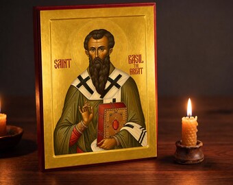 Icône orthodoxe de saint Basile, finie à la main, panneau de bois 9 x 12, bordure rouge