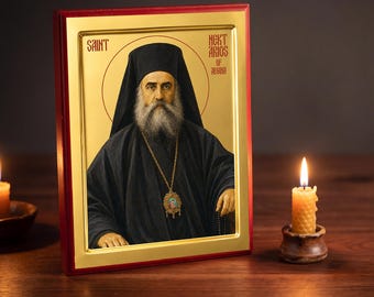 Icône en bois de saint Nectaire d'Égine, 9 x 12 cm, chrétienne orthodoxe, finie à la main