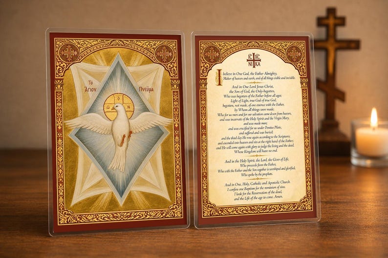 Nicene Creed Orthodox Prayer Card | Byzantine Holy Spirit Art (4x6 Laminated)
