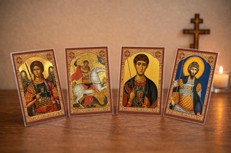 Orthodox Warrior Saints Prayer Cards | Archangel Michael, George, Demetrios, Theodore Stratelates Protection