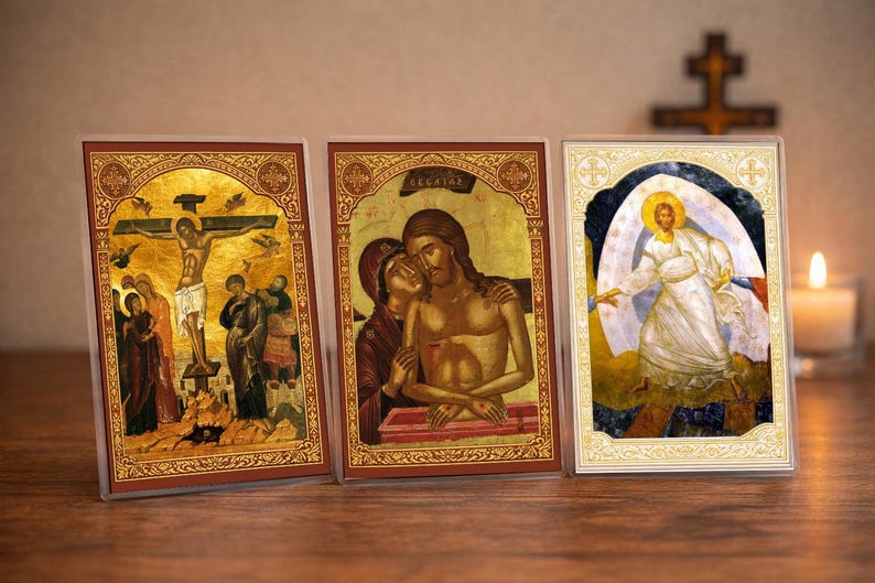 Orthodox Holy Week Prayer Card Set – Crucifixion, Bridegroom, Resurrection Icon Cards, Laminated 4x6