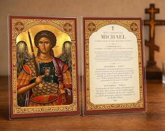 Carte de prière orthodoxe de l'archange Michel - Icône byzantine, Troparion et Kontakion, cadeau de dévotion plastifié 4 x 6
