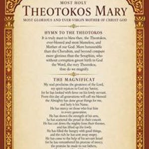 Puede incluir: Una impresi&oacute;n rectangular con un borde decorativo dorado y marr&oacute;n y una cruz en la parte superior. El texto dice Most Holy Theotokos Mary, Hymn to the Theotokos y The Magnificat, impreso en negro sobre un fondo de pergamino beige claro.
